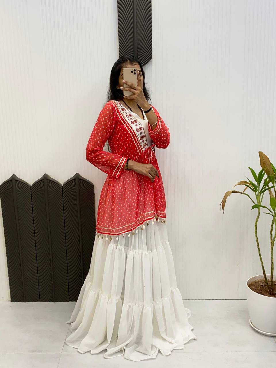 Designer Red Lehenga Choli for Navratri in Georgette with Real Mirror Work and Kodi-Sikka Lace