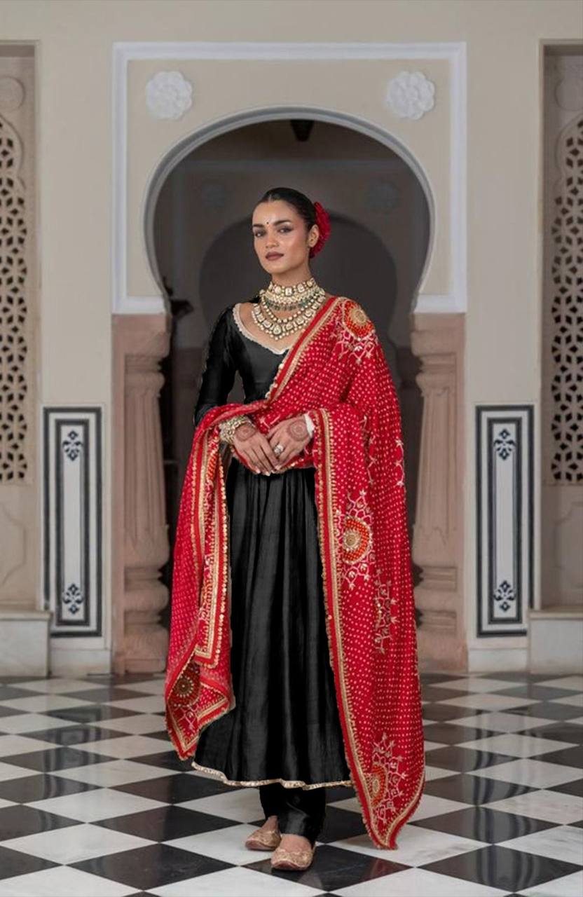 Designer Three-Piece Gown in Chinon with Bandhani Dupatta & Latkan Dori Work
