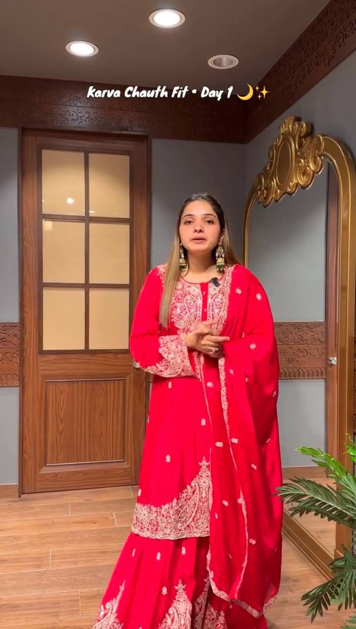 Designer Faux Georgette Embroidered Top and Sharara Set with Matching Dupatta Fully Stitched