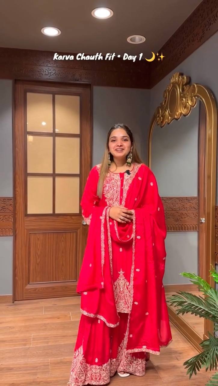Designer Faux Georgette Embroidered Top and Sharara Set with Matching Dupatta Fully Stitched