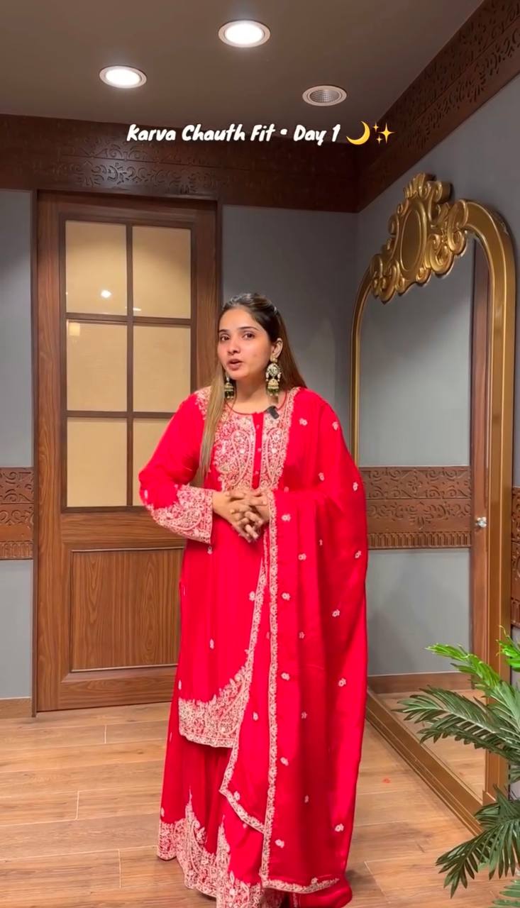 Designer Faux Georgette Embroidered Top and Sharara Set with Matching Dupatta Fully Stitched