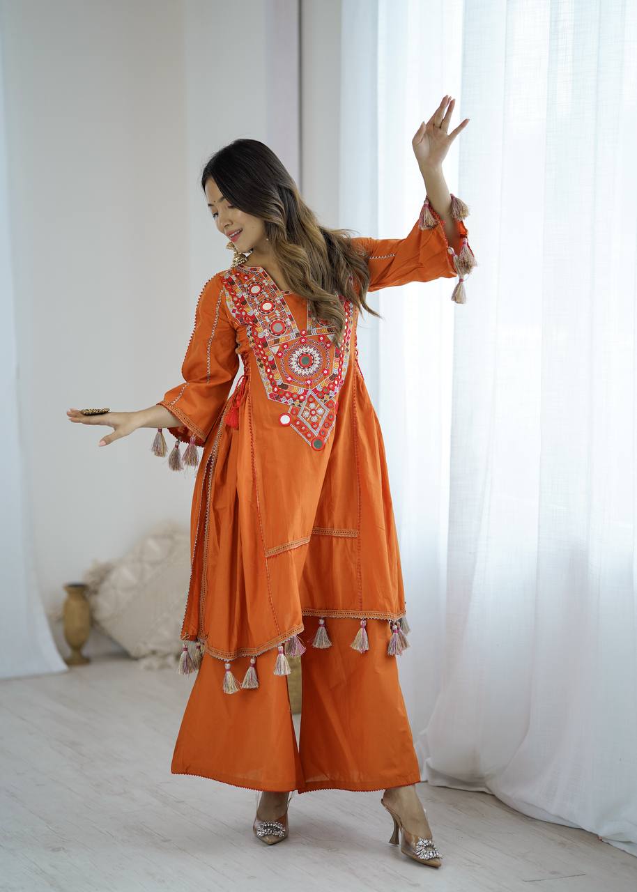 Boho-Inspired Pure Khadi Cotton Set with Sequence & Mirror Embroidery