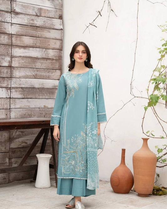 Luxury Blue Designer Suit in Roman Silk Fabric with Full Sequin Embroidery and Dupatta Pair