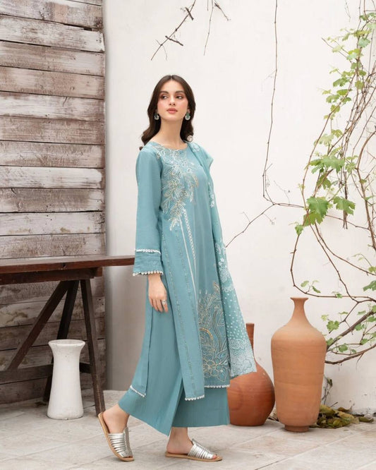Luxury Blue Designer Suit in Roman Silk Fabric with Full Sequin Embroidery and Dupatta Pair