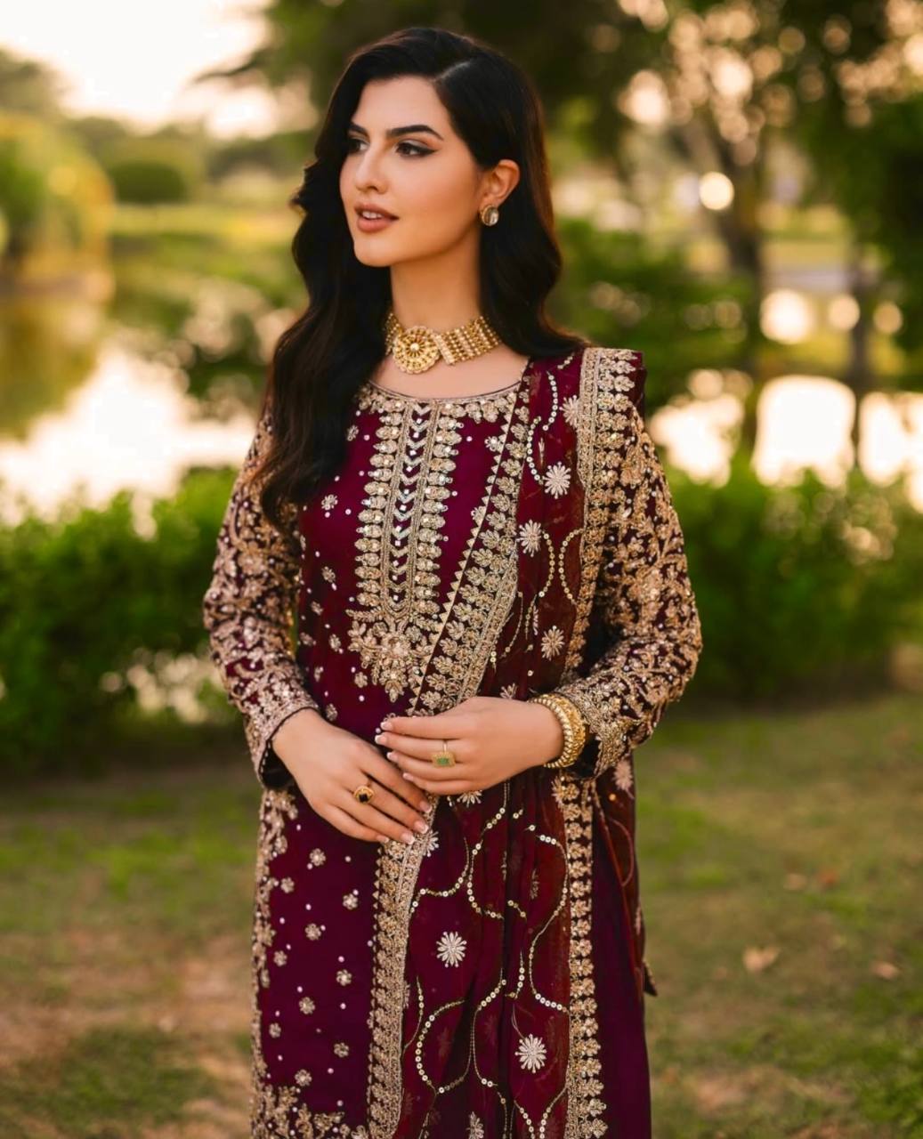 New Designer Set: Heavy Faux Georgette Top Plazzo Dupatta with Embroidery and Beads - Jaipuri Vastra