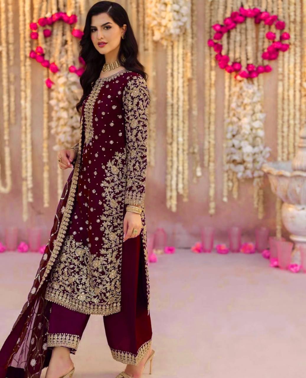 New Designer Set: Heavy Faux Georgette Top Plazzo Dupatta with Embroidery and Beads - Jaipuri Vastra