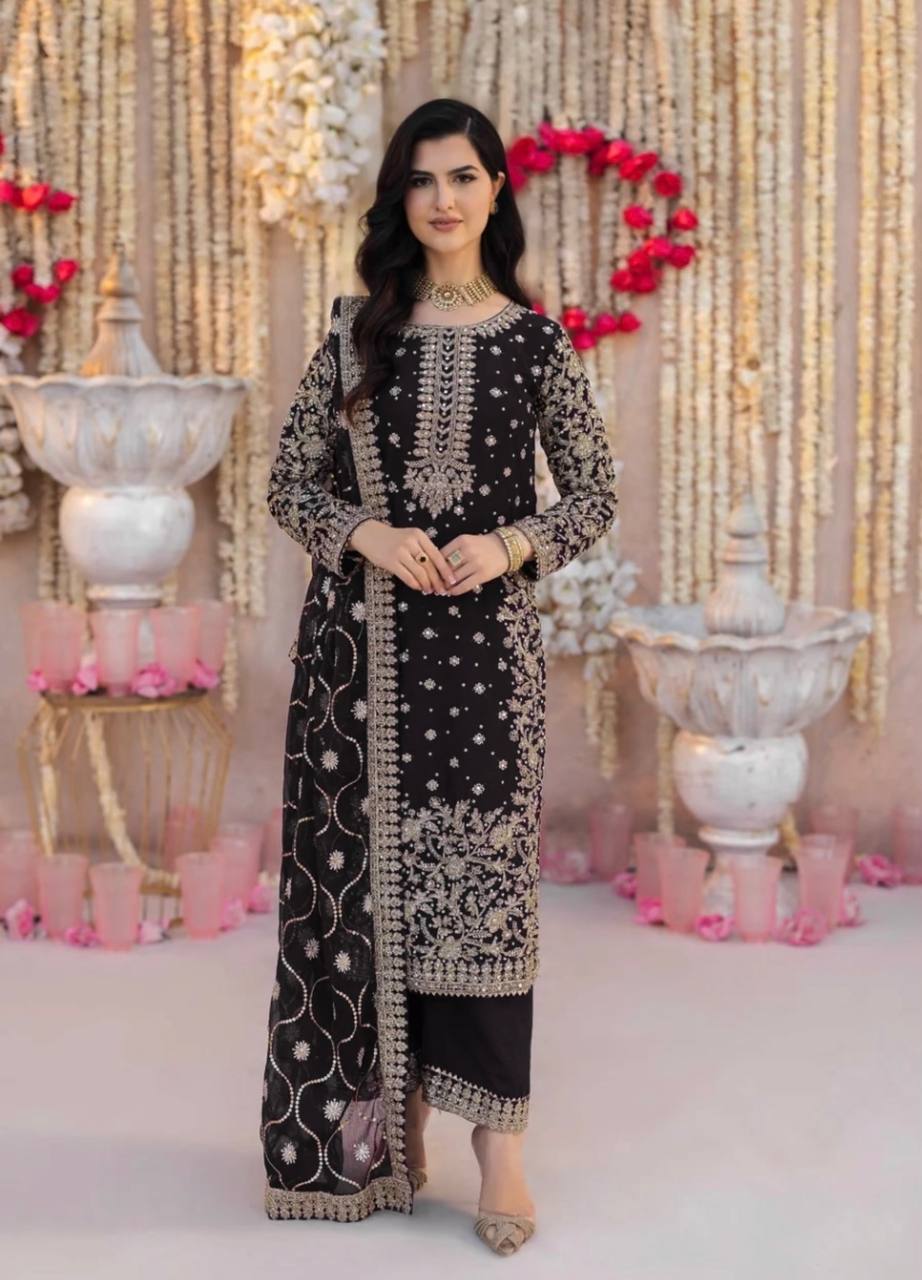 New Designer Set: Heavy Faux Georgette Top Plazzo Dupatta with Embroidery and Beads - Jaipuri Vastra