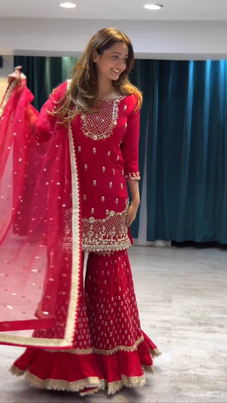 Complete Ethnic Set Including a Beautifully Embroidered Top, Flowy Sharara, and Dupatta