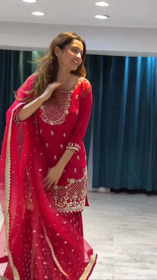 Complete Ethnic Set Including a Beautifully Embroidered Top, Flowy Sharara, and Dupatta