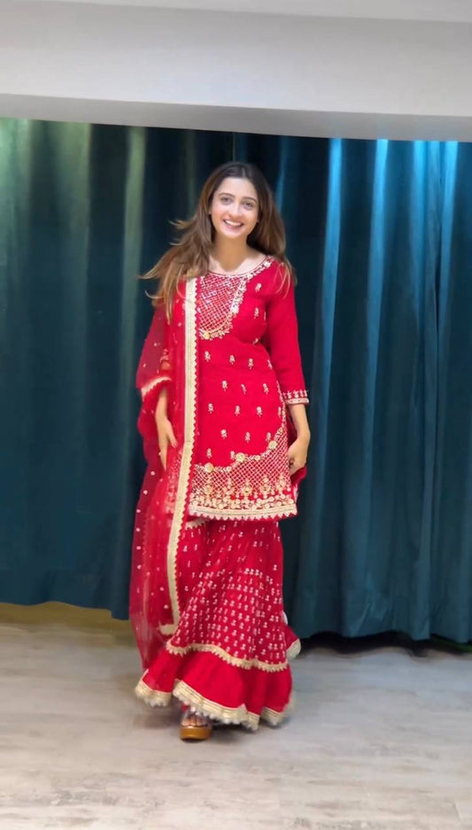 Complete Ethnic Set Including a Beautifully Embroidered Top, Flowy Sharara, and Dupatta