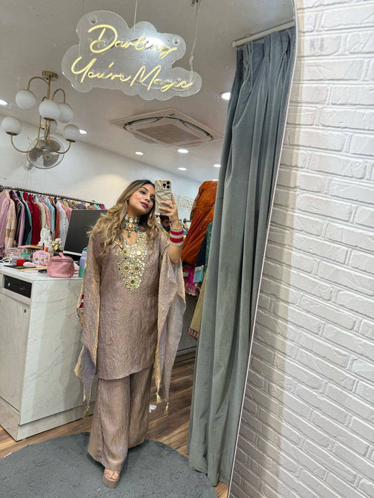 Premium Embroidered Fendy Suit with Real Mirror Work and Palazzo Set