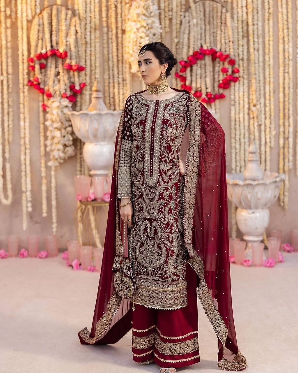 Premium Chain Stitch Embroidered Top and Plazzo Set with Bead Detailing