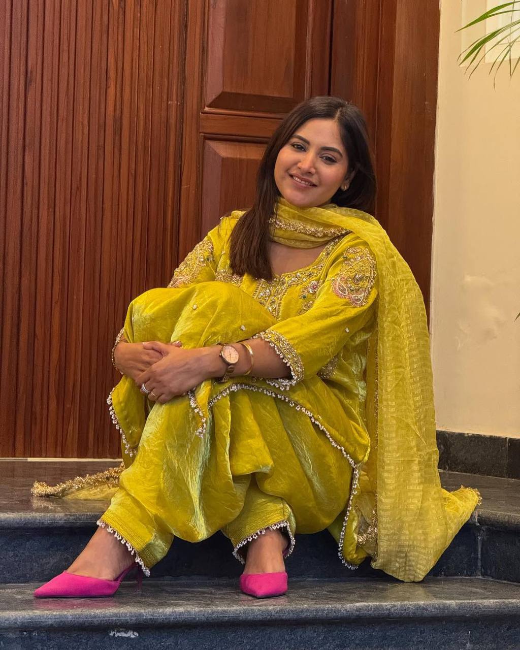 Fendy Fabric Farsi Salwar Suit in Lemon Yellow with Exclusive Sequin Embroidery and Dupatta