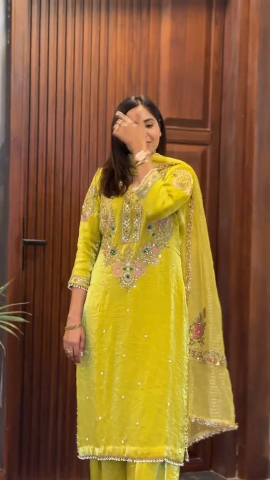 Fendy Fabric Farsi Salwar Suit in Lemon Yellow with Exclusive Sequin Embroidery and Dupatta
