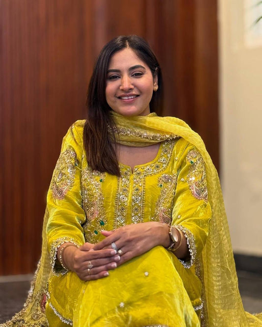 Fendy Fabric Farsi Salwar Suit in Lemon Yellow with Exclusive Sequin Embroidery and Dupatta