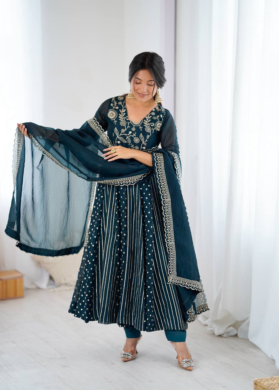 Anarkali Gown in Crunchy Silk with Sequin Embroidery, Paired with Micro Cotton Pants and Lace Dupatta