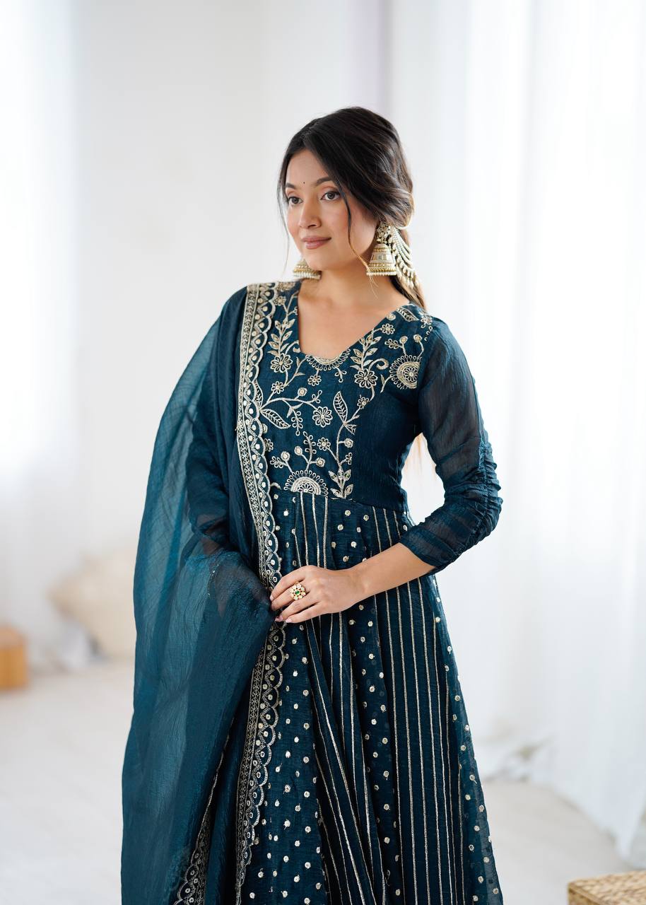 Anarkali Gown in Crunchy Silk with Sequin Embroidery, Paired with Micro Cotton Pants and Lace Dupatta