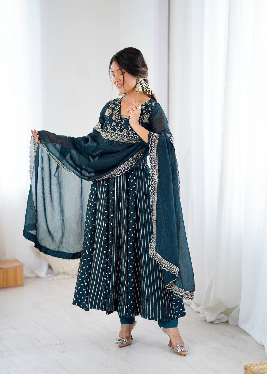 Anarkali Gown in Crunchy Silk with Sequin Embroidery, Paired with Micro Cotton Pants and Lace Dupatta
