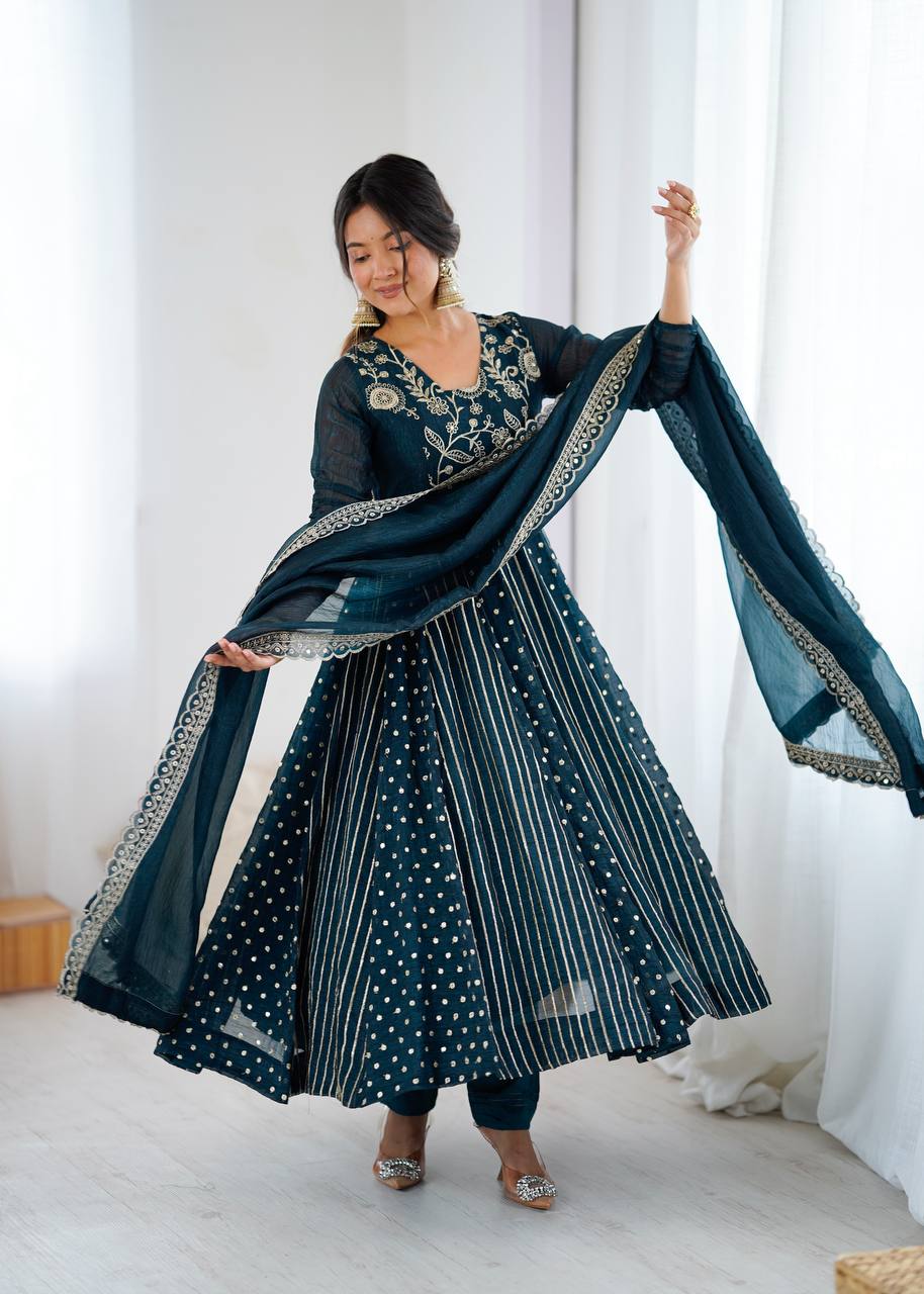 Anarkali Gown in Crunchy Silk with Sequin Embroidery, Paired with Micro Cotton Pants and Lace Dupatta