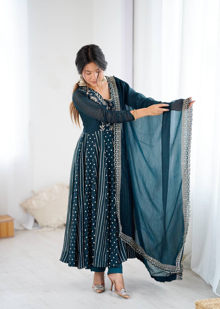 Anarkali Gown in Crunchy Silk with Sequin Embroidery, Paired with Micro Cotton Pants and Lace Dupatta