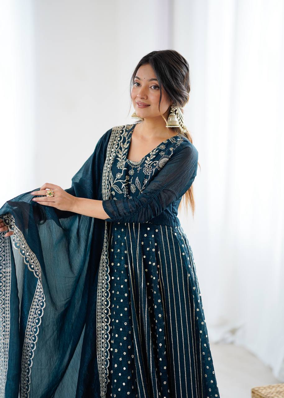 Anarkali Gown in Crunchy Silk with Sequin Embroidery, Paired with Micro Cotton Pants and Lace Dupatta