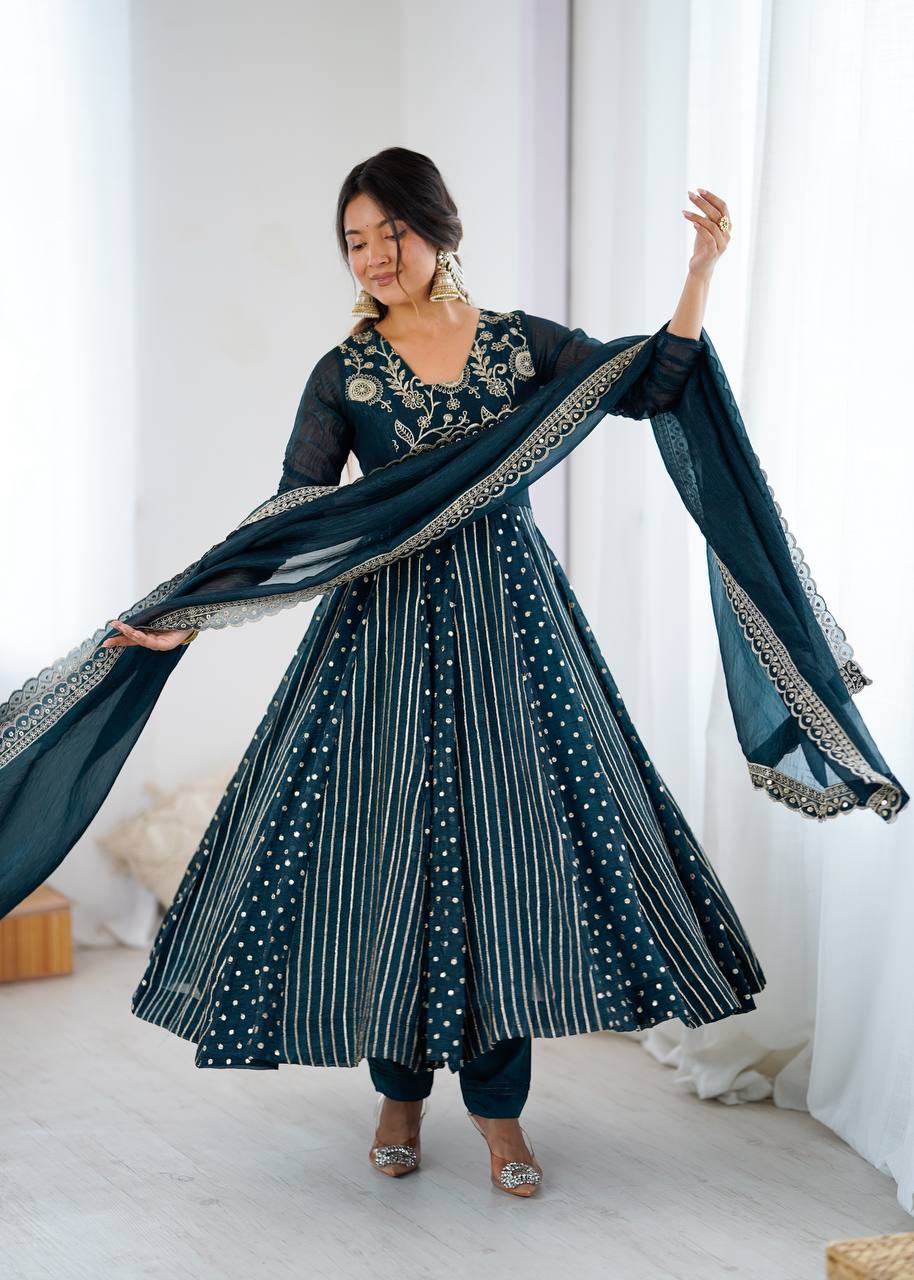 Anarkali Gown in Crunchy Silk with Sequin Embroidery, Paired with Micro Cotton Pants and Lace Dupatta
