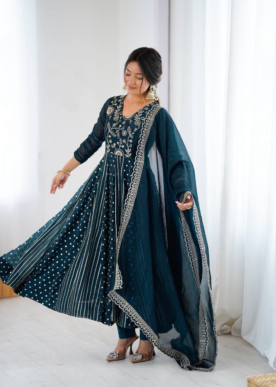 Anarkali Gown in Crunchy Silk with Sequin Embroidery, Paired with Micro Cotton Pants and Lace Dupatta