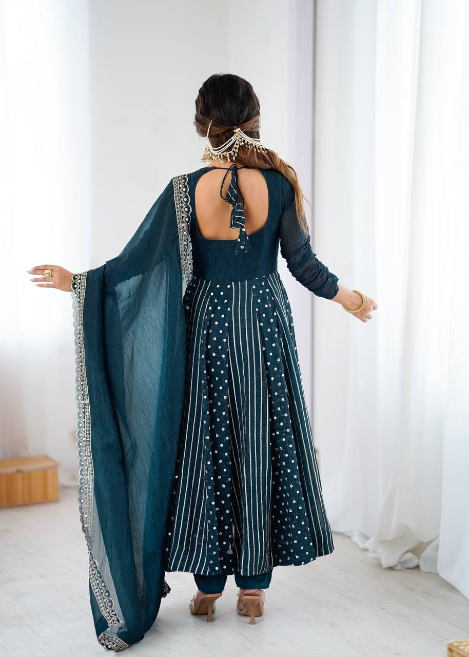 Anarkali Gown in Crunchy Silk with Sequin Embroidery, Paired with Micro Cotton Pants and Lace Dupatta