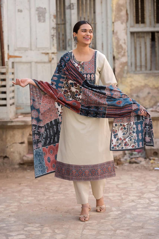 Contemporary Roman Silk Suit with Pant and Printed Dupatta Set