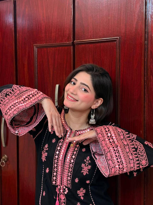 Real Mirror Work Roman Silk Suit with Embroidered Plazzo and Dupatta