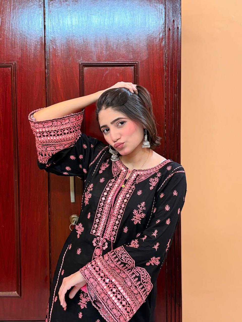 Real Mirror Work Roman Silk Suit with Embroidered Plazzo and Dupatta