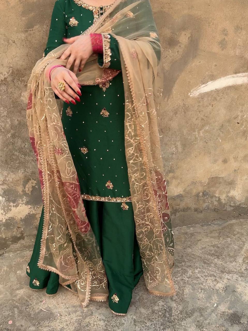 Graceful Chinon Suit Set Featuring Sequin Embroidered Top and Plazzo