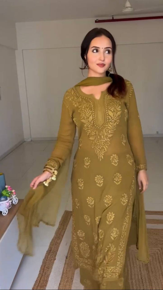 Stylish Faux Georgette 3-Piece Set with Thread Embroidery and Matching Dupatta