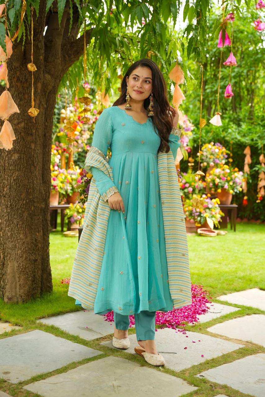 Festive Faux Georgette Gown Embroidered and Fully Stitched with Printed Dupatta & Heavy Cotton Elasticated Pants