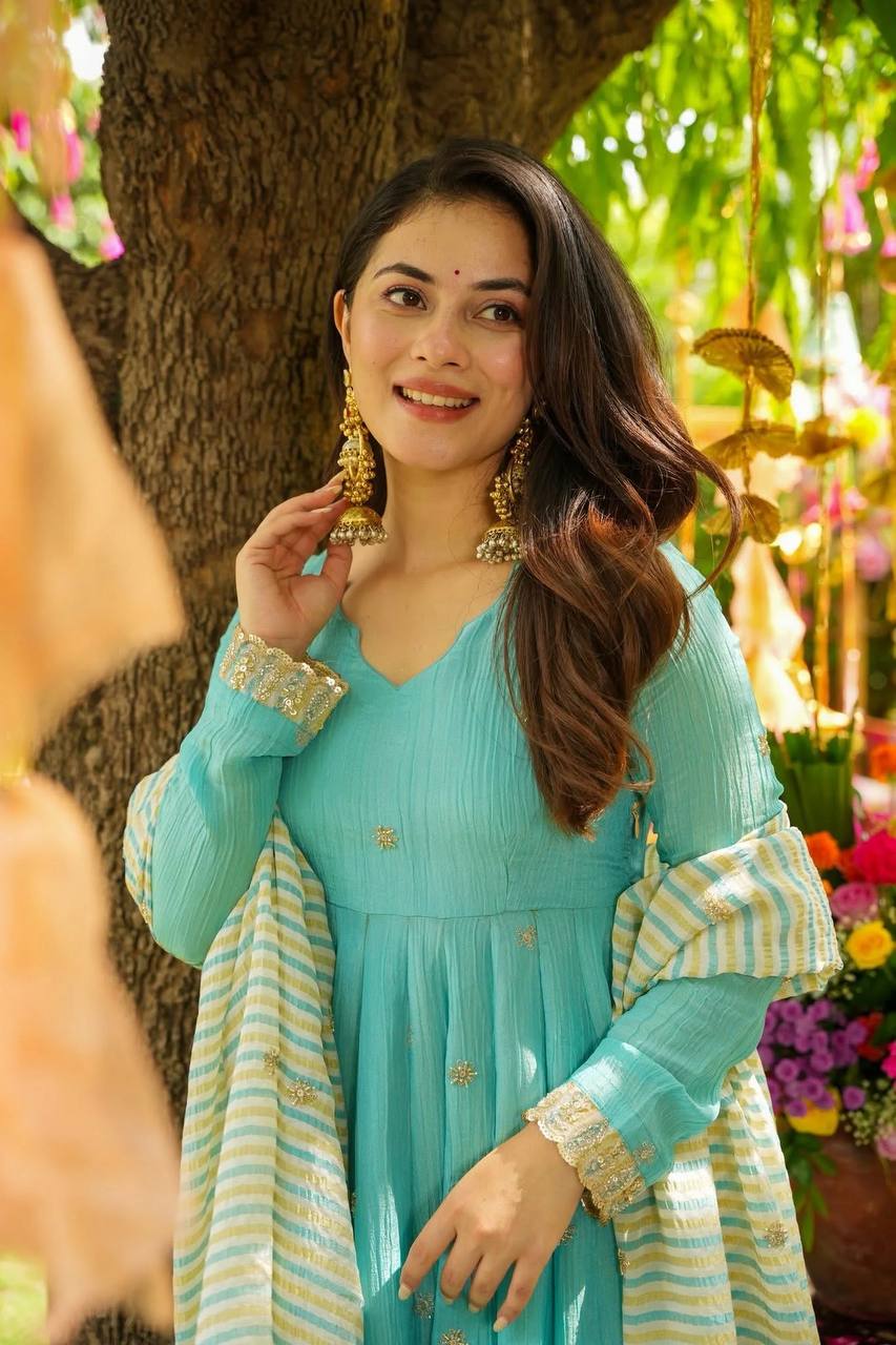 Festive Faux Georgette Gown Embroidered and Fully Stitched with Printed Dupatta & Heavy Cotton Elasticated Pants