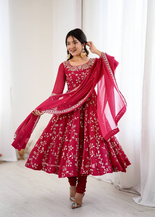 Traditional Anarkali Gown in Faux Georgette with Intricate Embroidery and Full Flair with Matching Cotton Churidar