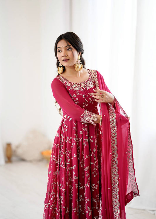 Traditional Anarkali Gown in Faux Georgette with Intricate Embroidery and Full Flair with Matching Cotton Churidar