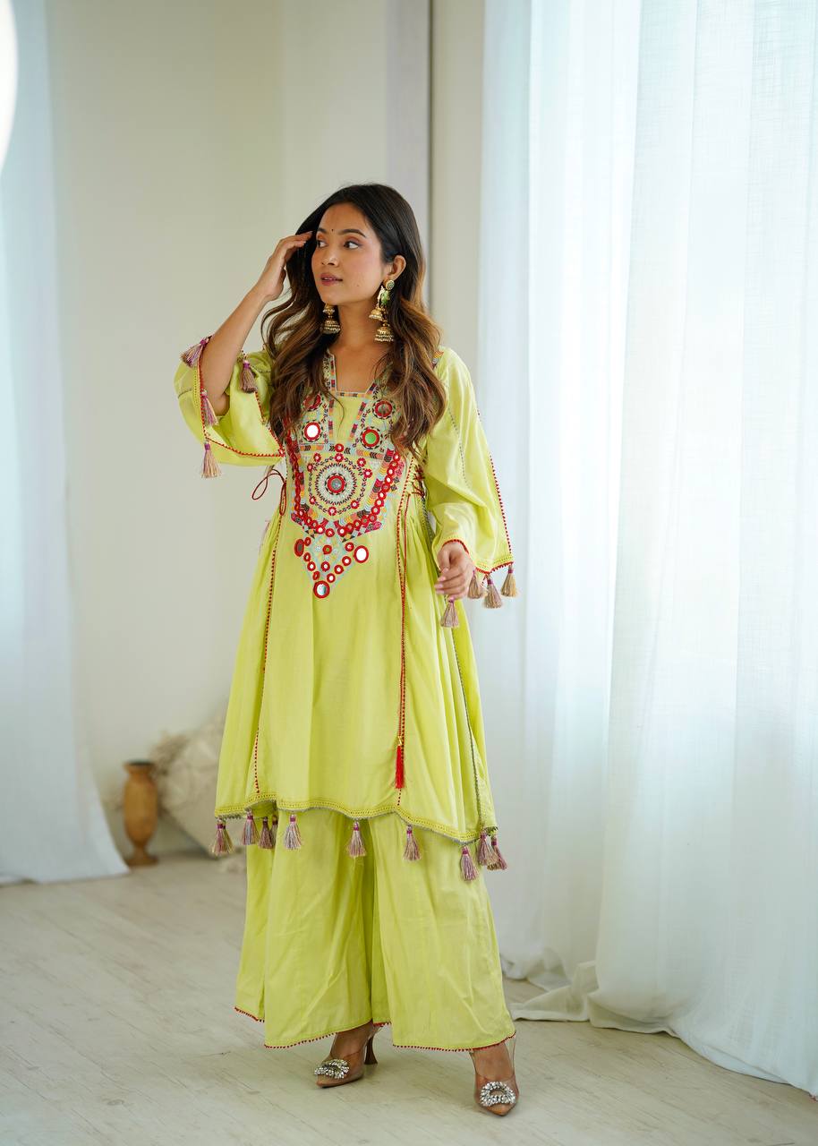 Boho-Inspired Pure Khadi Cotton Set with Sequence & Mirror Embroidery