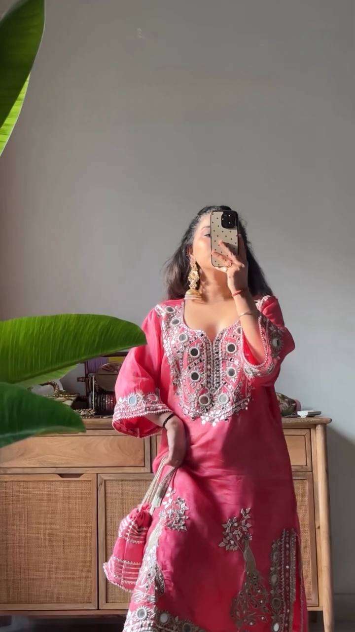 Effortless Charm Pink Roman Silk 3 Piece Sharara Set with Soft Cotton Lining