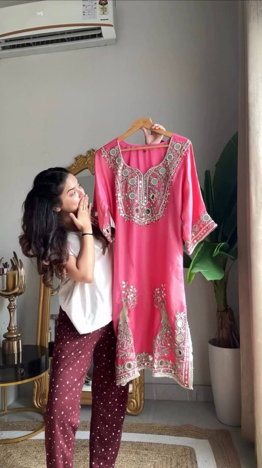 Effortless Charm Pink Roman Silk 3 Piece Sharara Set with Soft Cotton Lining