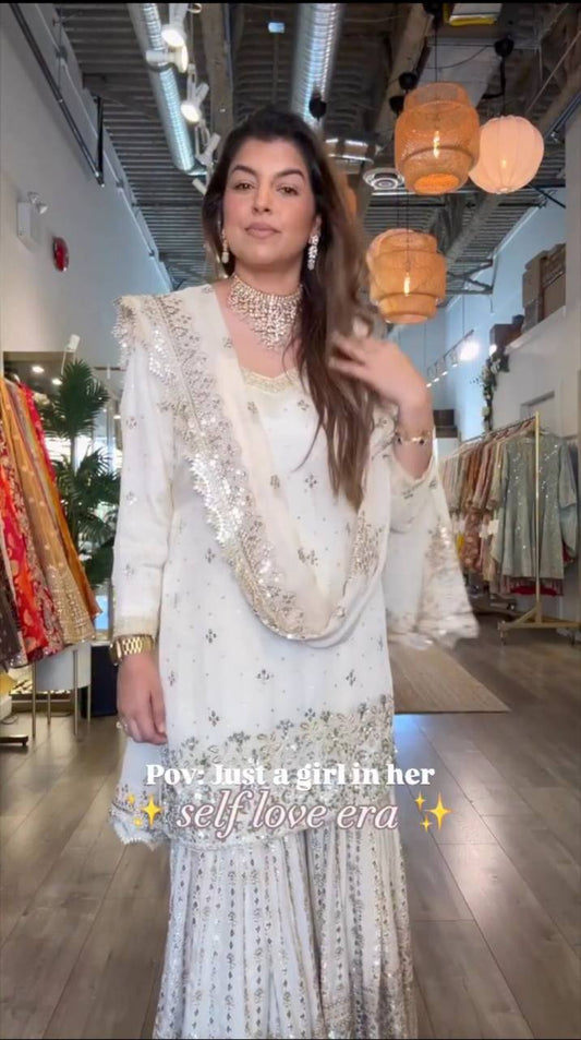 Luxury Chinon Sharara Set with Sequin Embroidery and Matching Dupatta