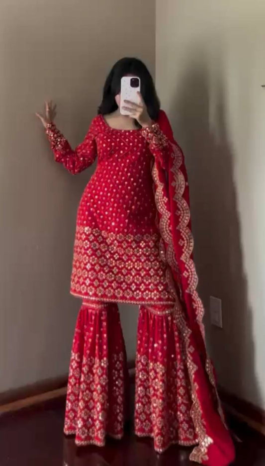 Red Elegance Faux Georgette 3 Piece Sharara Set with Dupatta and Micro Cotton Lining