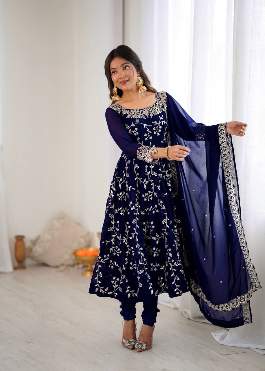 Traditional Anarkali Gown in Faux Georgette with Intricate Embroidery and Full Flair with Matching Cotton Churidar