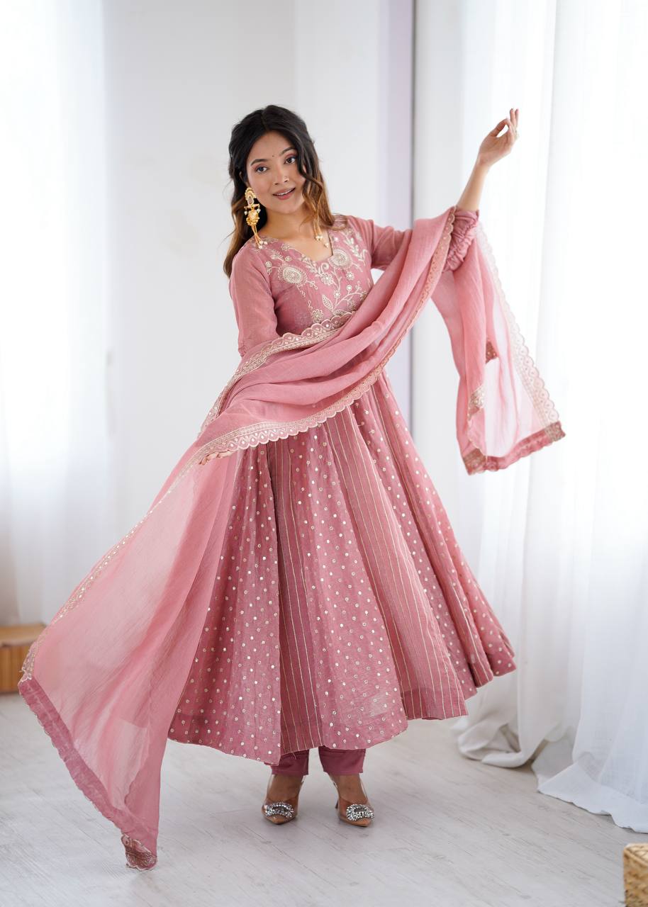 Anarkali Gown in Crunchy Silk with Sequin Embroidery, Paired with Micro Cotton Pants and Lace Dupatta