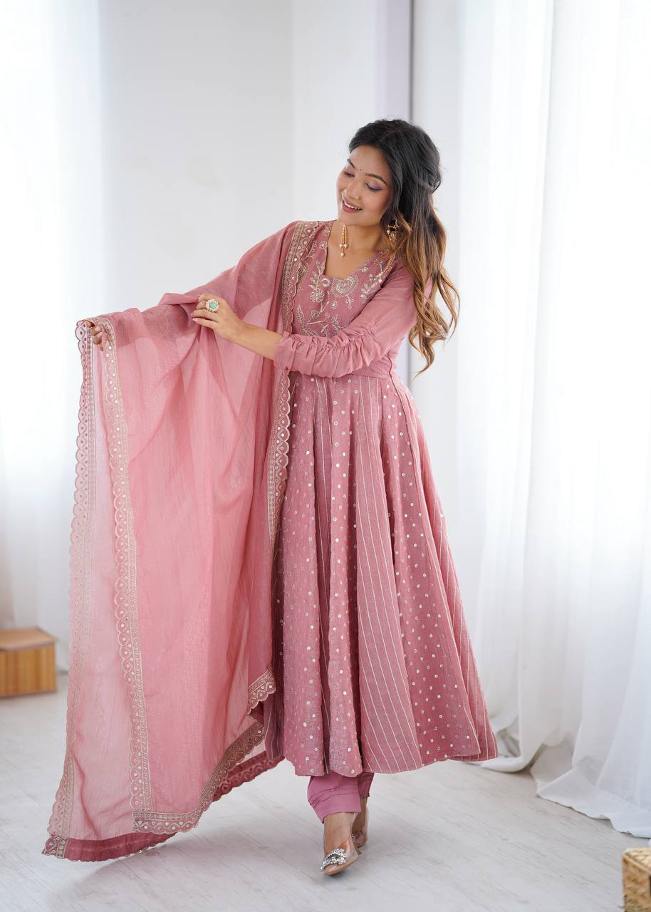 Anarkali Gown in Crunchy Silk with Sequin Embroidery, Paired with Micro Cotton Pants and Lace Dupatta