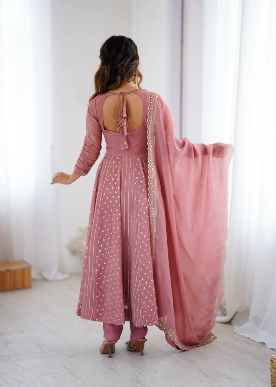 Anarkali Gown in Crunchy Silk with Sequin Embroidery, Paired with Micro Cotton Pants and Lace Dupatta