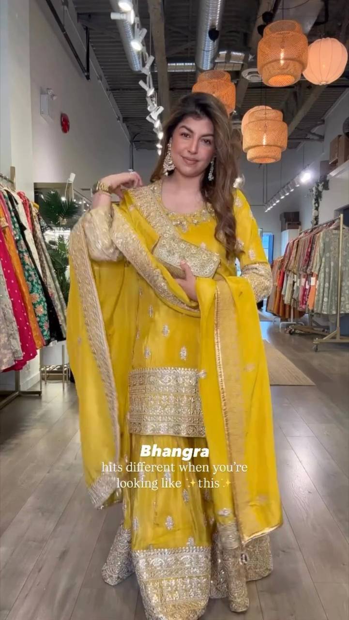 Designer Chinon Suit with Sequined Embroidery on Top Plazzo and Dupatta