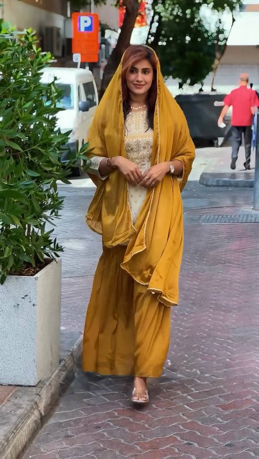 Natural Crepe Co-Ord Set Featuring a Flattering Top, Wide-Leg Sharara, and Coordinated Dupatta