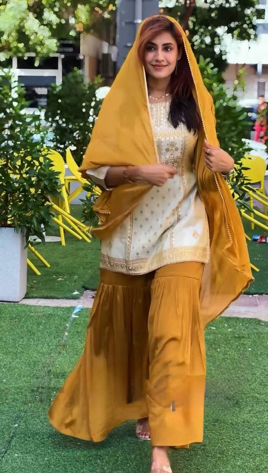 Natural Crepe Co-Ord Set Featuring a Flattering Top, Wide-Leg Sharara, and Coordinated Dupatta