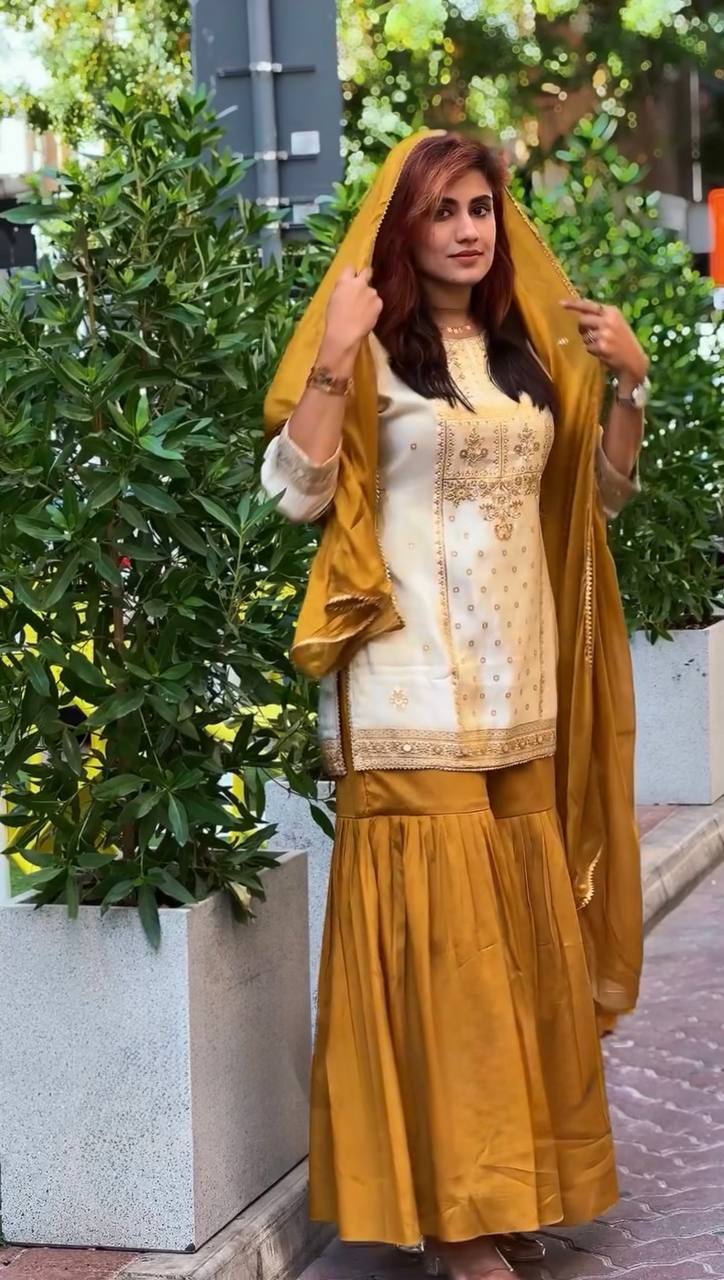 Natural Crepe Co-Ord Set Featuring a Flattering Top, Wide-Leg Sharara, and Coordinated Dupatta